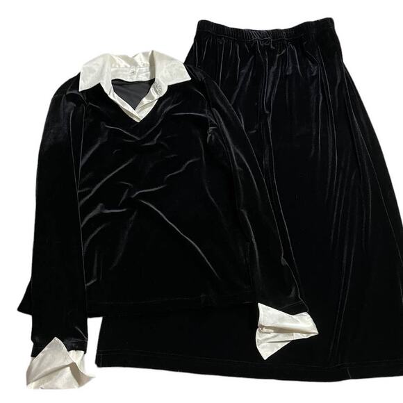 VTG Sag Harbor Matching Velour Set Collared Top Maxi Skirt Medium Petite Black - Picture 1 of 15